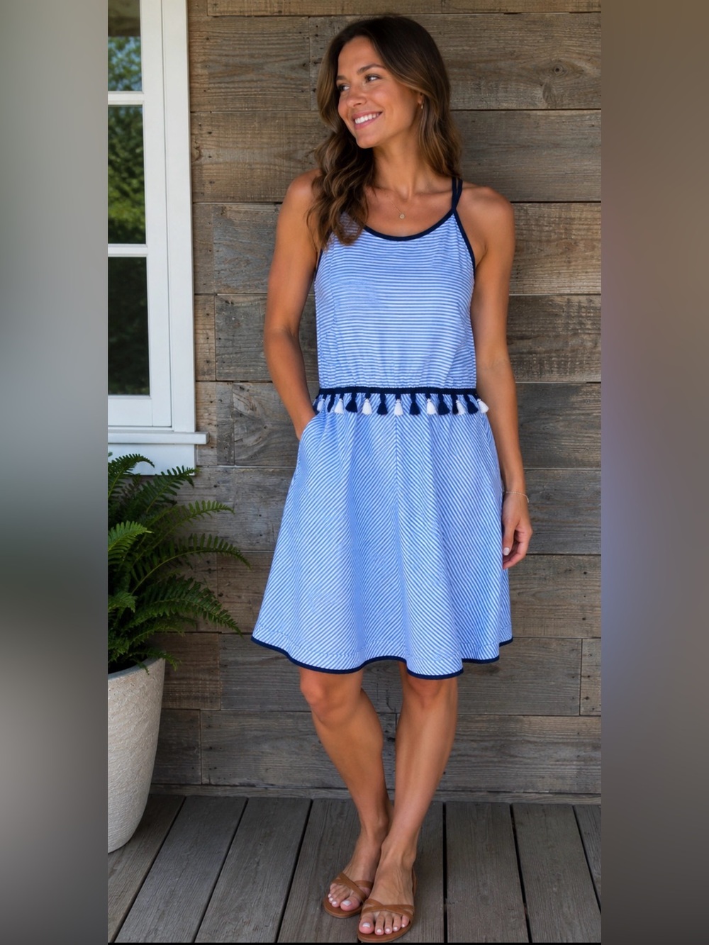 THML Blue Striped Tassel-Hem Sundress XS